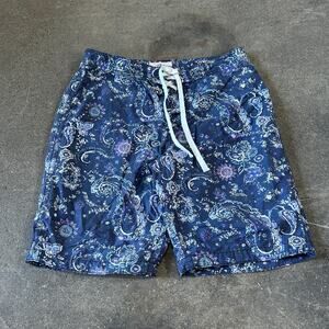Vintage Express Paisley Swim Trunks Shorts Size M 31 Blue Drawstring Summer 10"